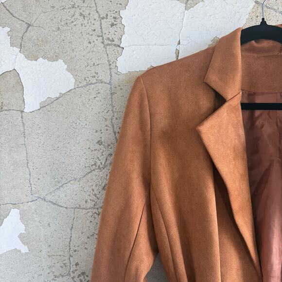 Faux Suede Jacket Camel Brown Drape Coat Tie Waist Quiet Luxury French Girl L - Picture 4 of 5